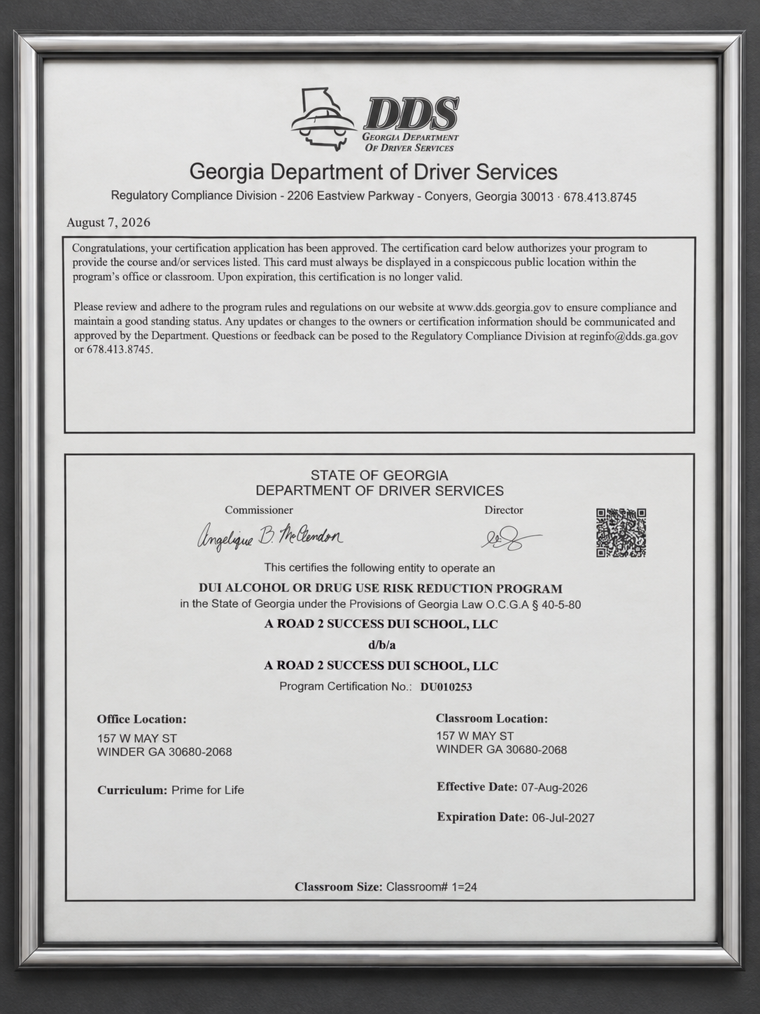 Framed Georgia Department of Driver Services certification for A Road 2 Success DUI School