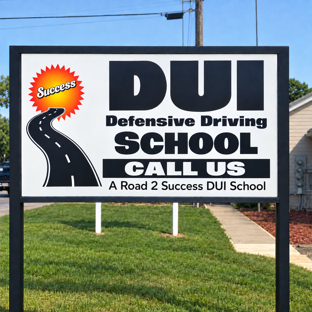 A Road 2 Success DUI Defensive Driving School roadside sign
